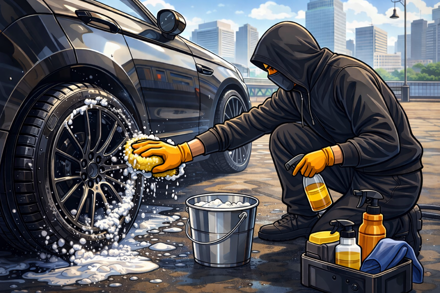 Professional detailer working on vehicle in city